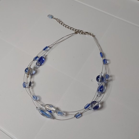 Blue And Clear Glass Bead And Wire Necklace Adjustable 15.5 To 18 Inches Long - Picture 2 of 12